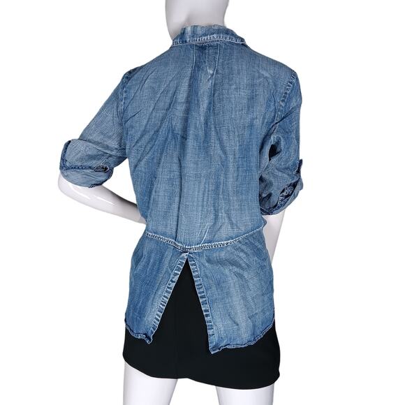 Cloth & Stone Blue Chambray Button Down Shirt Roll Tab Long Sleeve Slit on Back - Picture 2 of 11